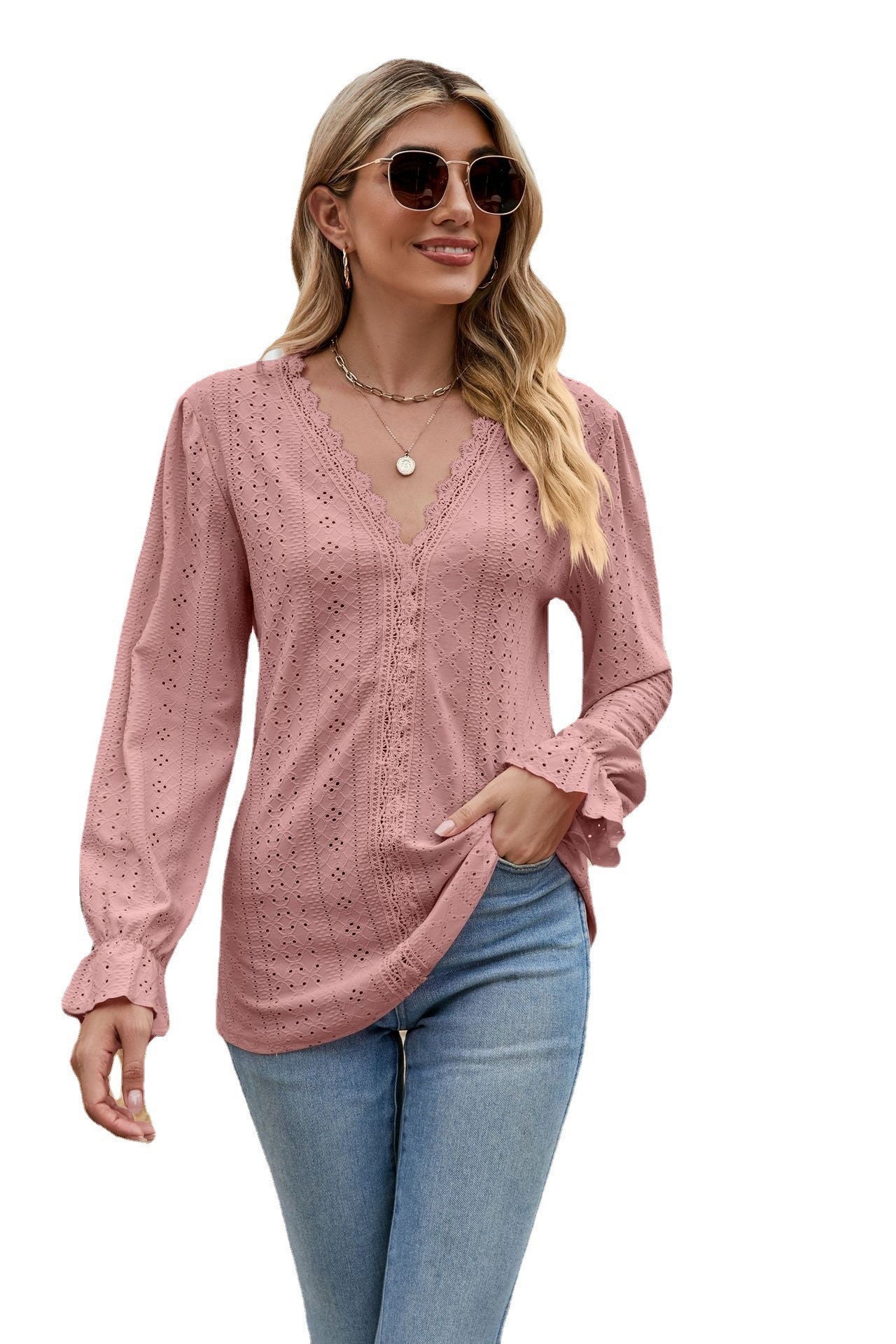 Solid Color Lace Patchwork Long Sleeve Blouses