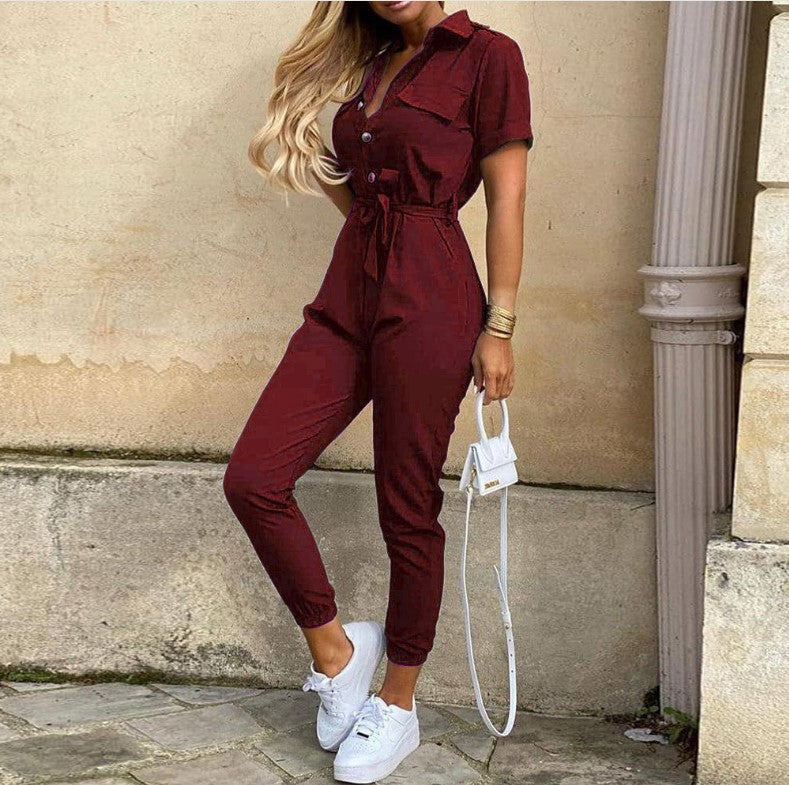 Women's Summer Casual Polo Collar Printed Belt Jumpsuits