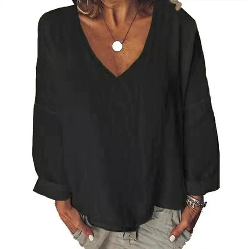 Women's Cotton Linen Solid Color Long-sleeved T-shirt Blouses