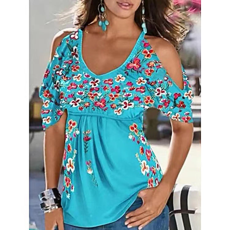 Women's Summer Loose V-neck Pleating Printed Off-shoulder Blouses