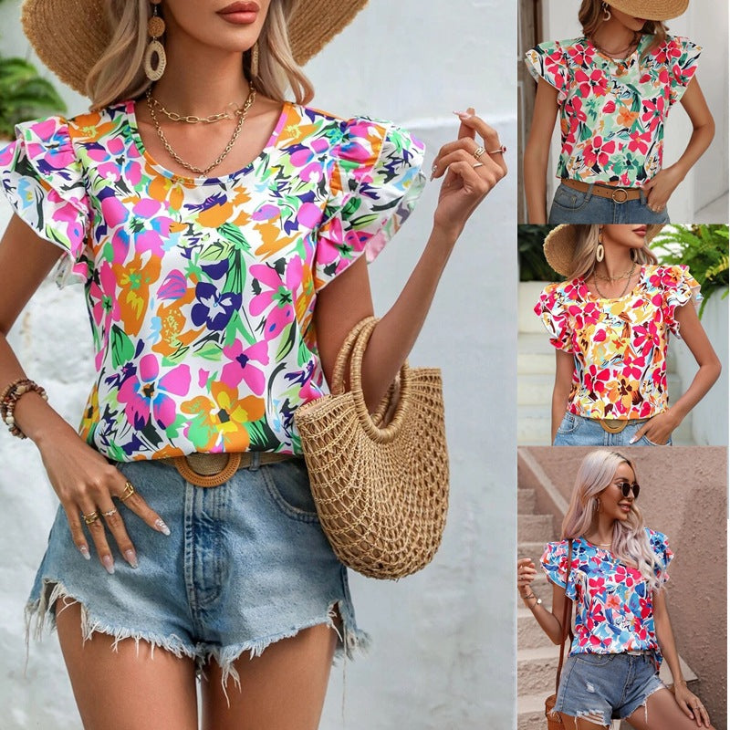 Women's Summer Floral Print Double-layer Flying Short-sleeved Blouses