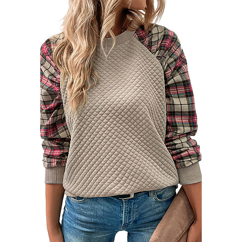 Women's Diamond Plaid Stitching Long Sleeve Crew Sweaters