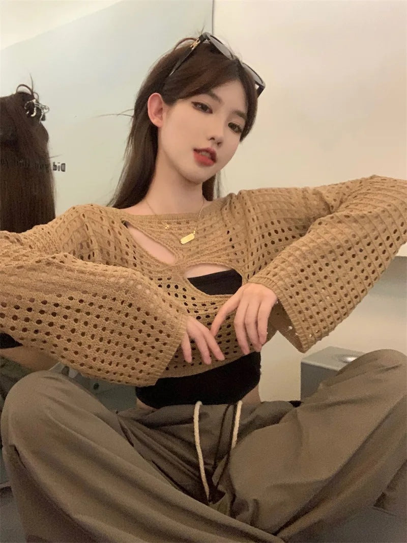 Women's Summer Loose Hollow T-shirt Knitted Pullover Knitwear