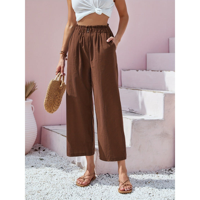 Pantalon taille haute en coton élastique feuille de lotus pour femme