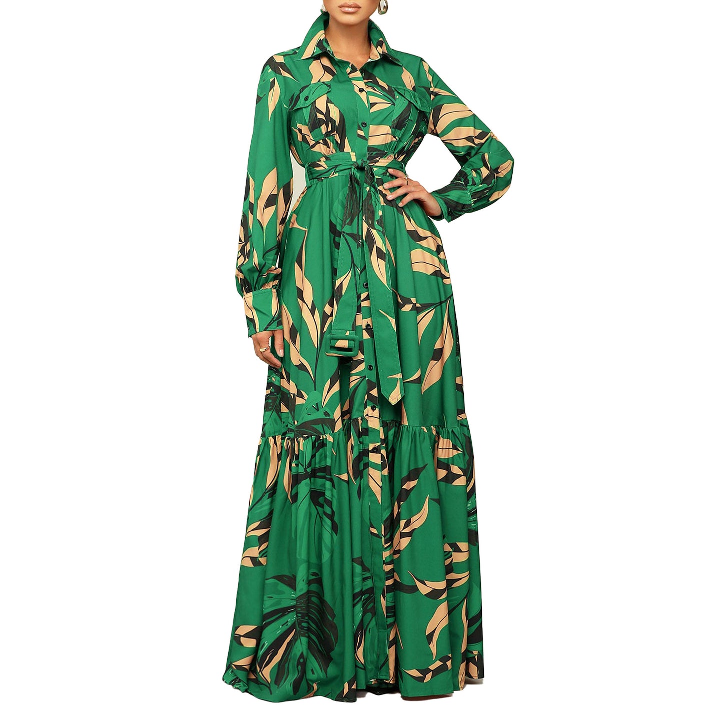 Women's Lapel Strap Fashion Printing Long Sleeve Dresses