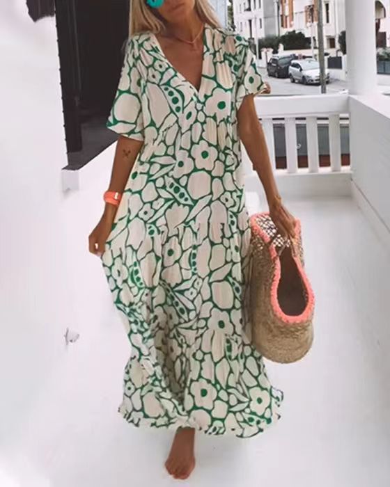 Women's Summer Printed Short-sleeved Deep Long Dress Dresses