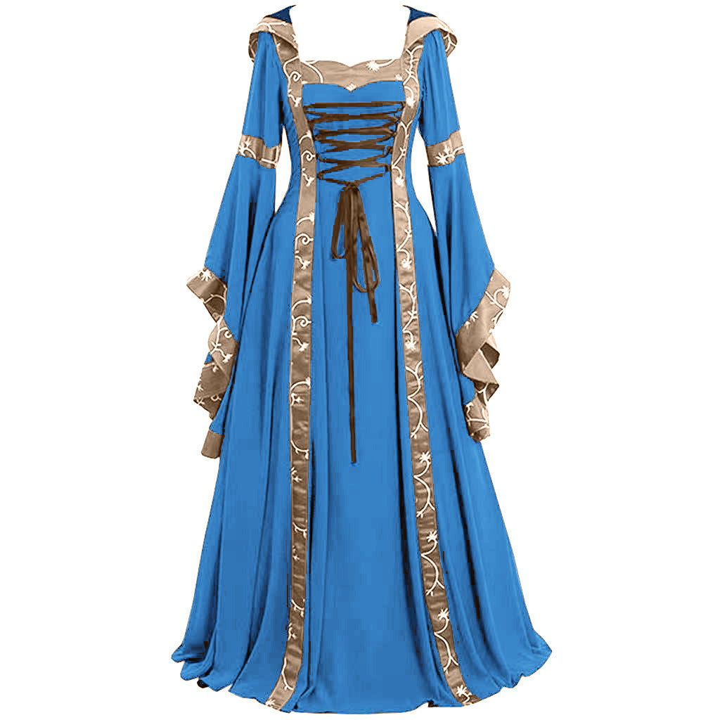 Medieval Retro Hooded Square Collar Solid Color Thin Lace Dresses