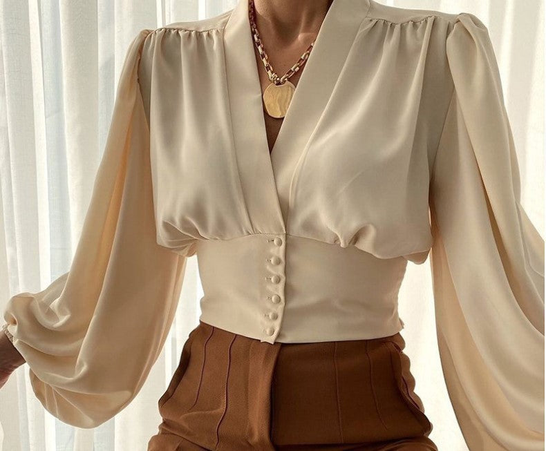 Spring Elegant Button Lantern Sleeve Shirt Blouses