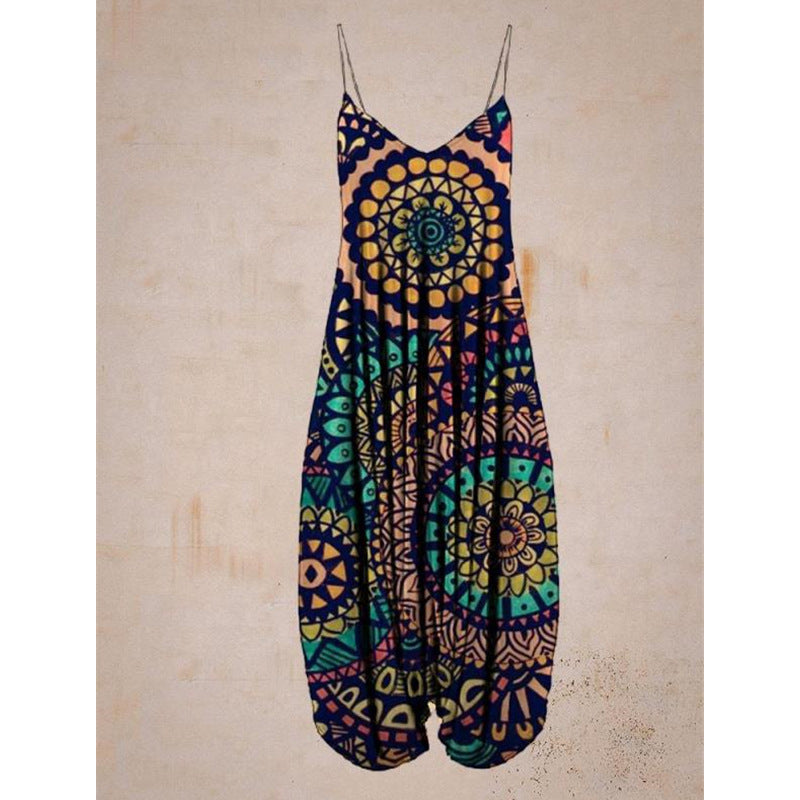 Schöner, lockerer Strand-Jumpsuit mit Print und Hosenträgern für Damen