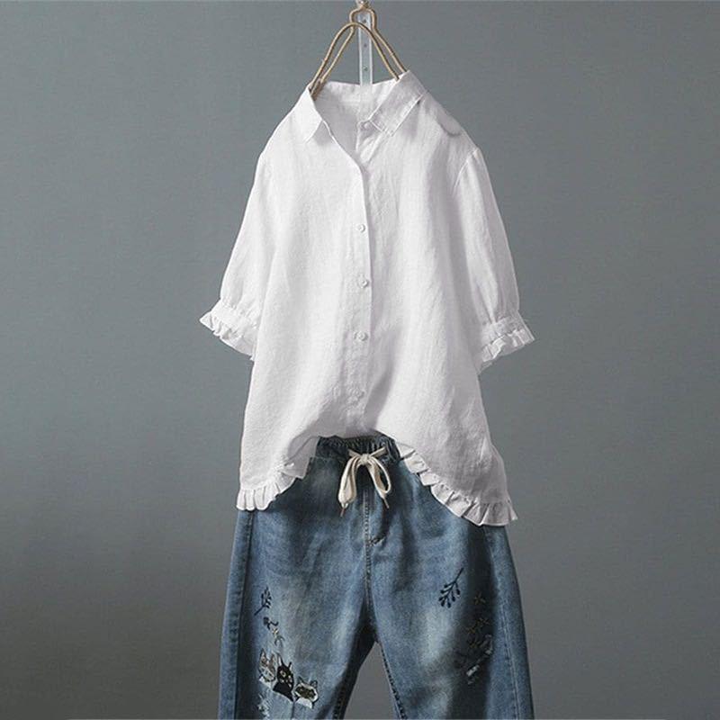 Women's Linen Casual Single-breasted Ruffled Sleeves Shirt Blouses