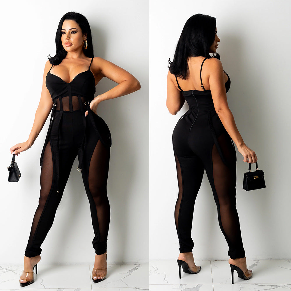 Damen Herbst Mesh Sexy Hosenträgerhose Jumpsuits