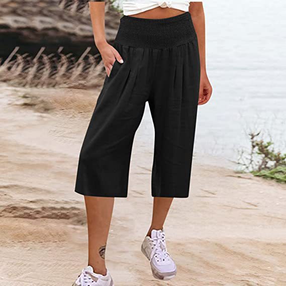 Women's Linen Cropped Waist Smocking Thin Pocket Pants