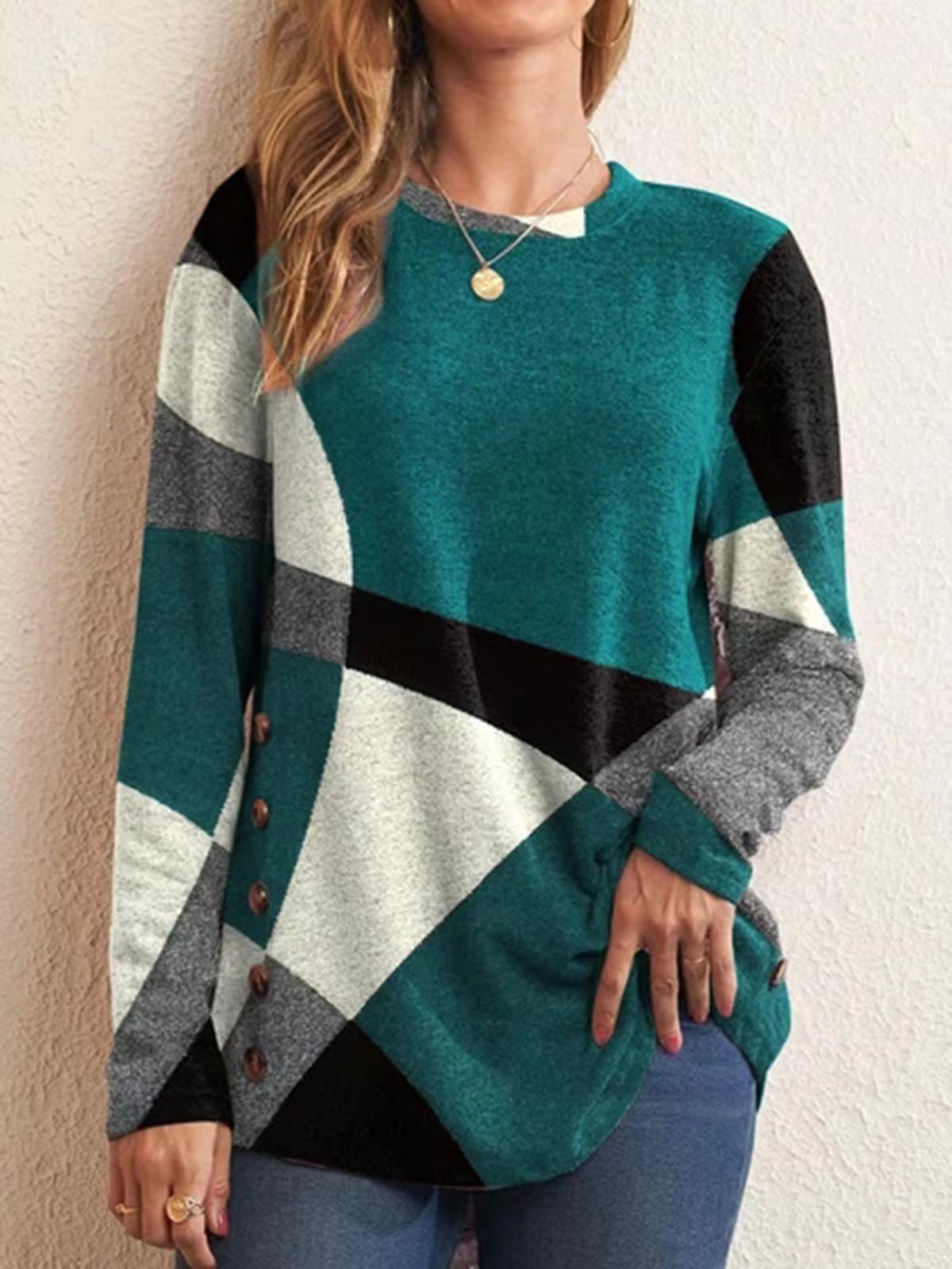 Women's Cashmere Printing Color Long-sleeved T-shirt Blouses