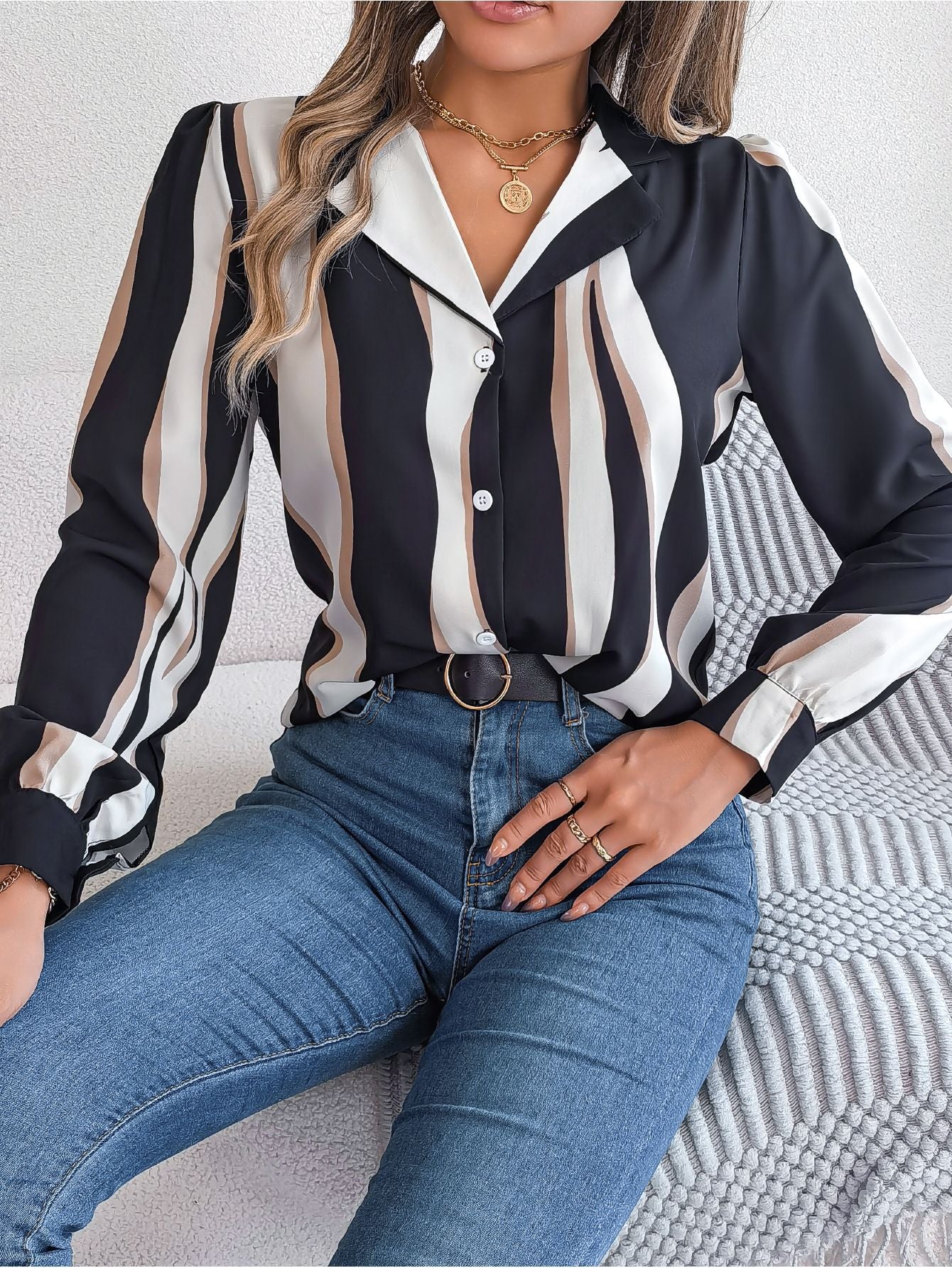 Women's Versatile Contrast Color Striped Collar Long Blouses