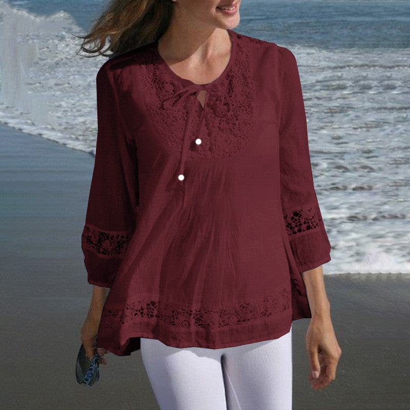 Women's Cotton Linen Stitching Lace Temperament Sleeve Blouses