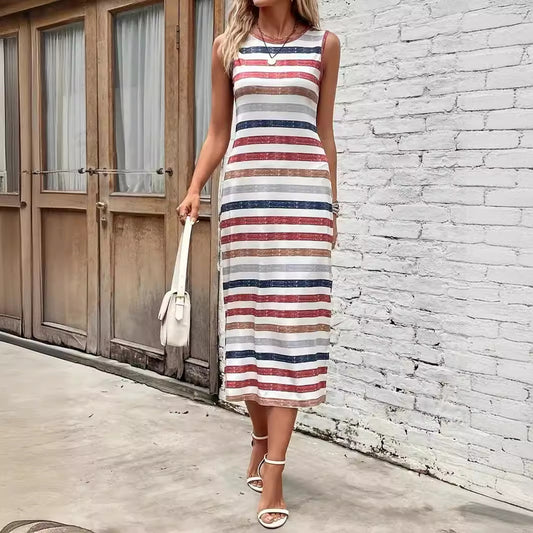 Women's Striped Round Neck Sleeveless Sexy Slit Dresses