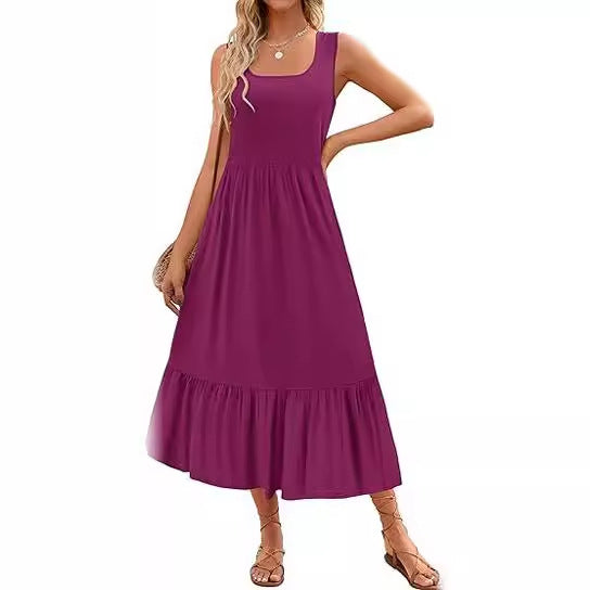 Women's Square Collar Pleated Swing Sleeveless Pocket Dresses