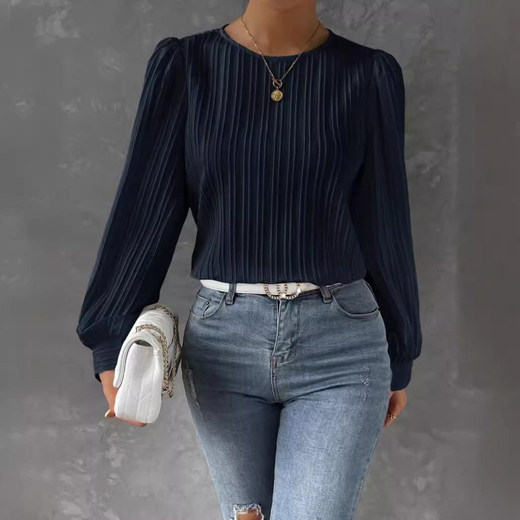 Round Neck Lantern Sleeve Long Solid Blouses