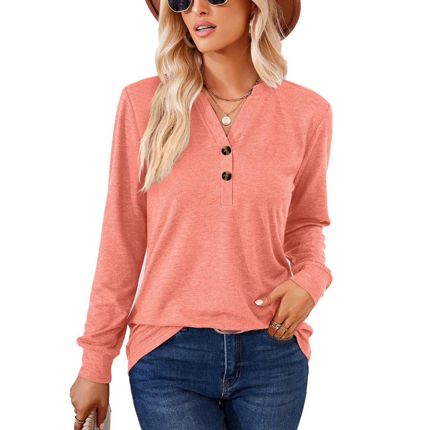 Women's Solid Color And Button Loose Long-sleeved Blouses