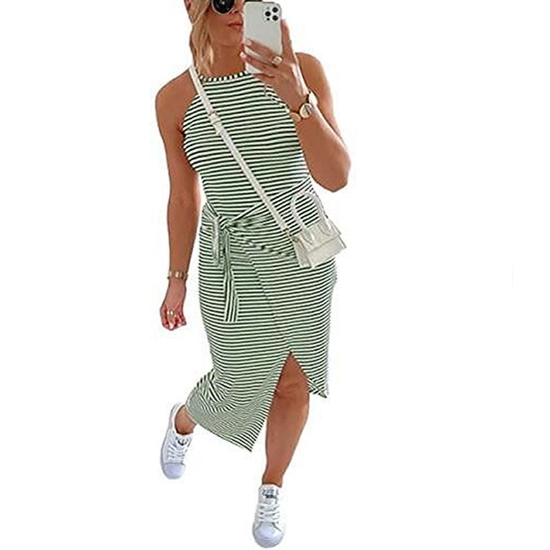 Summer Striped Sleeveless Halter Sexy Dress Dresses