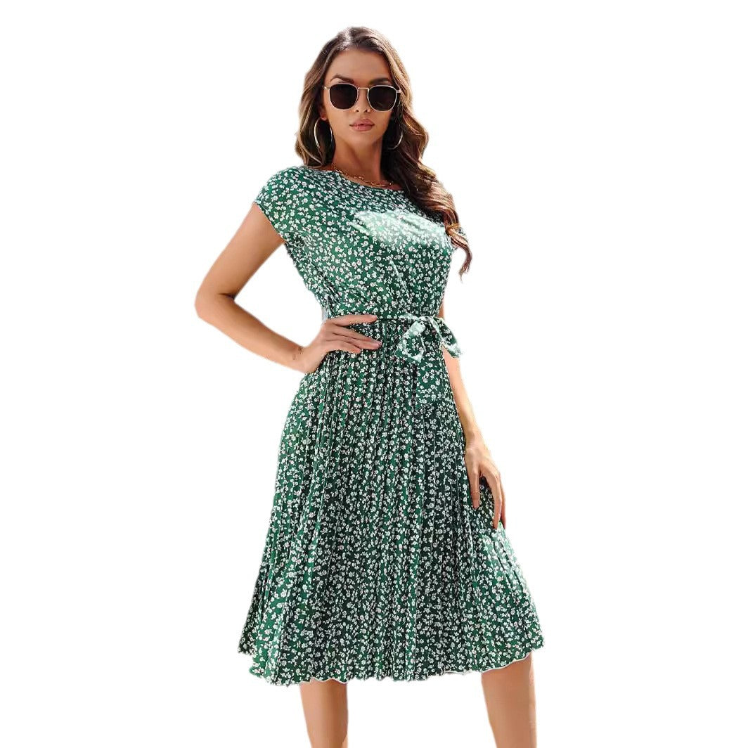 Women's Casual Short-sleeved Floral Dress Pleated Dresses