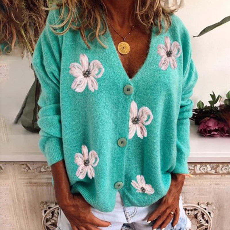 New Women's Long-sleeved Embroidered V-neck Knitted Cardigans