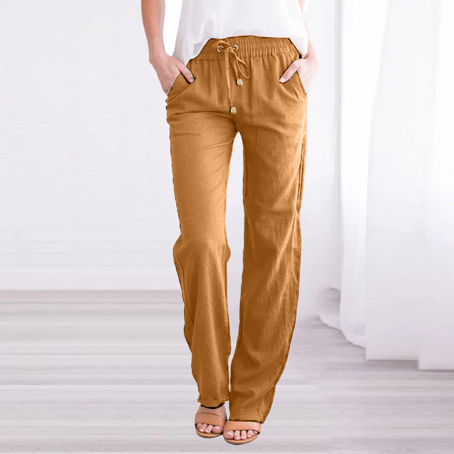 Pantalon ample à cordon de serrage en coton et lin de couleur unie pour femme