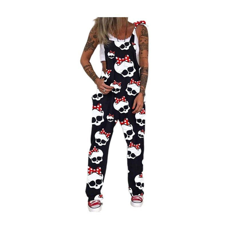 Unique Printed Skull Chrysanthemum Overalls Trousers Pants