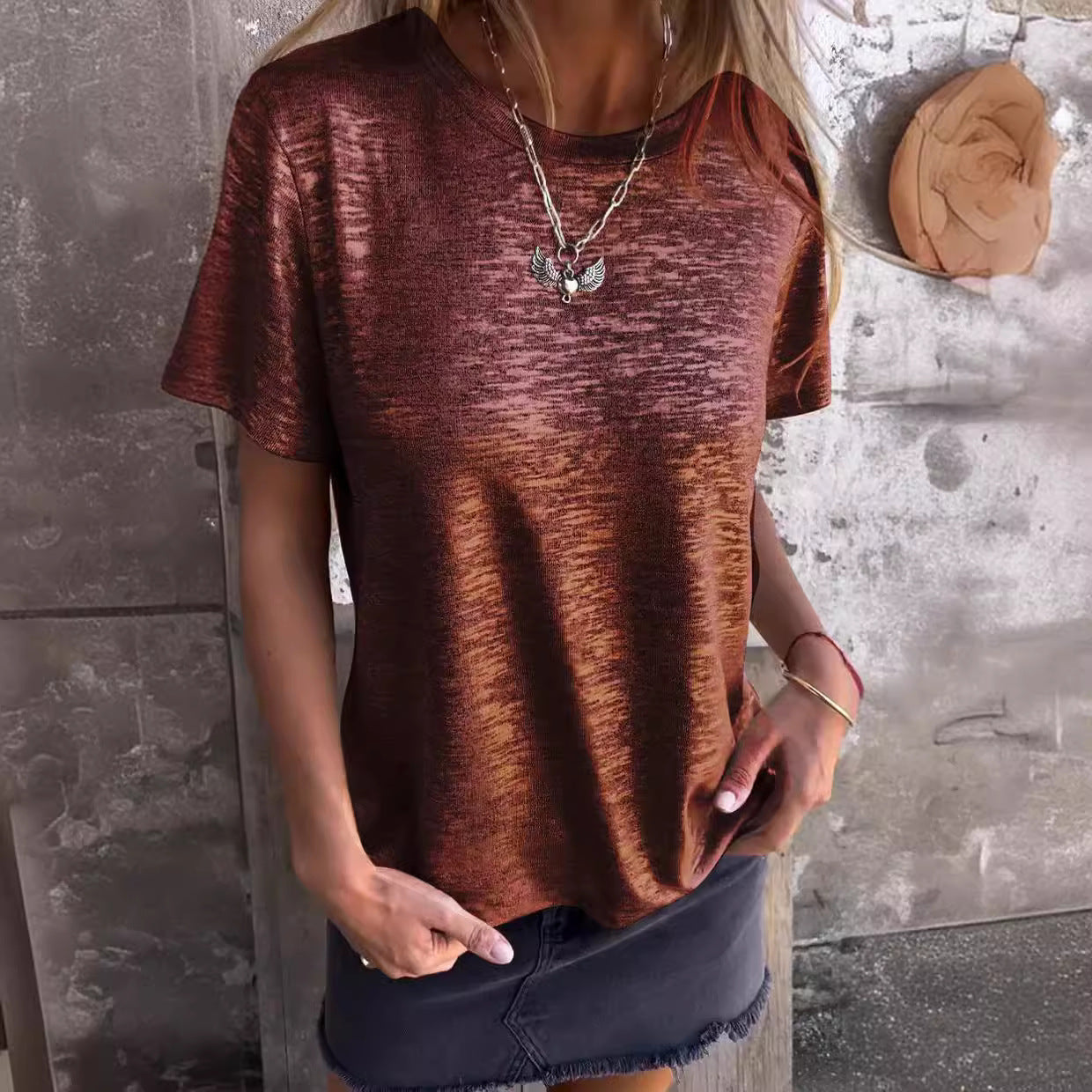 Damen Sommer Bronzing Rundhals Kurzarm T-Shirt Blusen