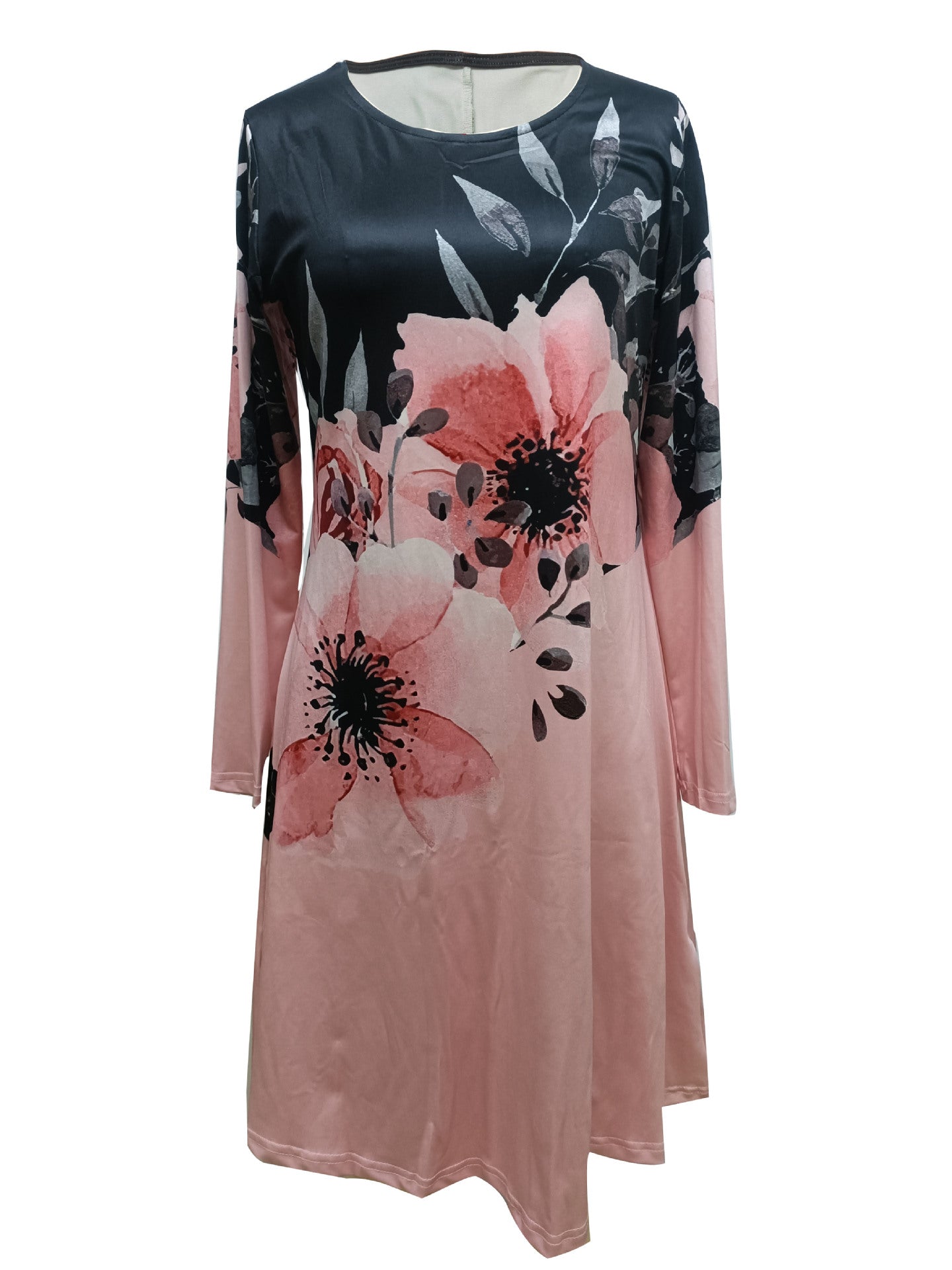 Print Long Sleeve Round Neck Mid-length Dresses