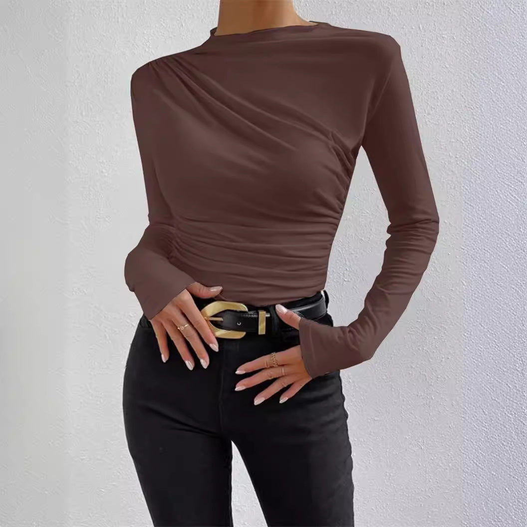 Women's Color Bottoming Shirt Versatile Pleated Design Blouses