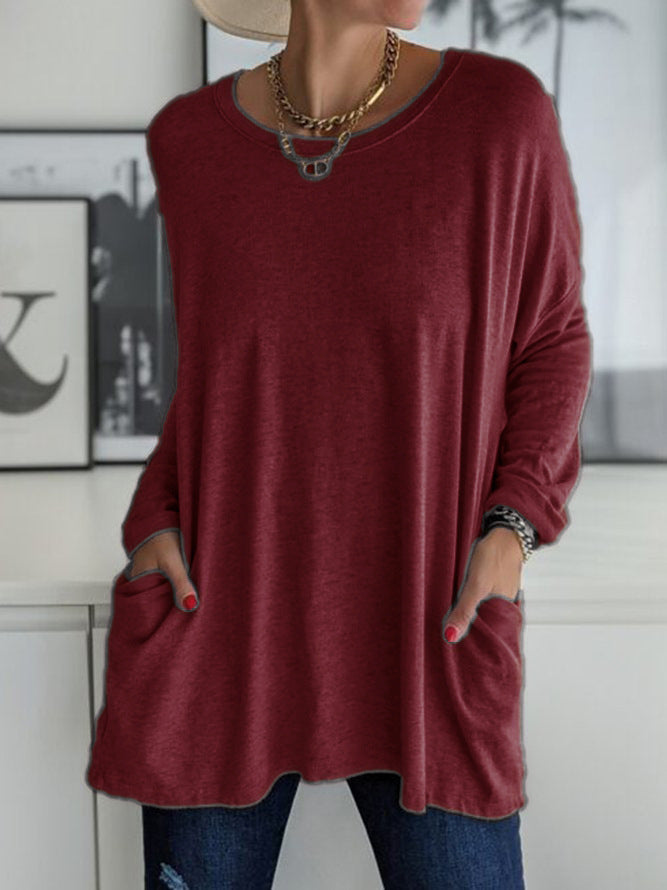 Women's Neck Long Sleeve Loose Pockets Solid Blouses