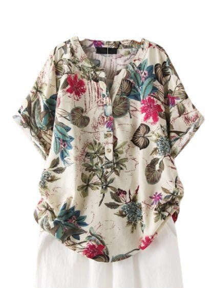 Women's Leaf Printed Sleeve Summer Retro Cotton Linen Blouses