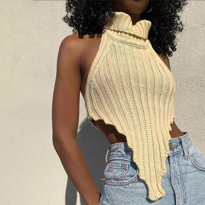 Sexy Backless Solid Color Turtleneck Irregular Knitting Tops