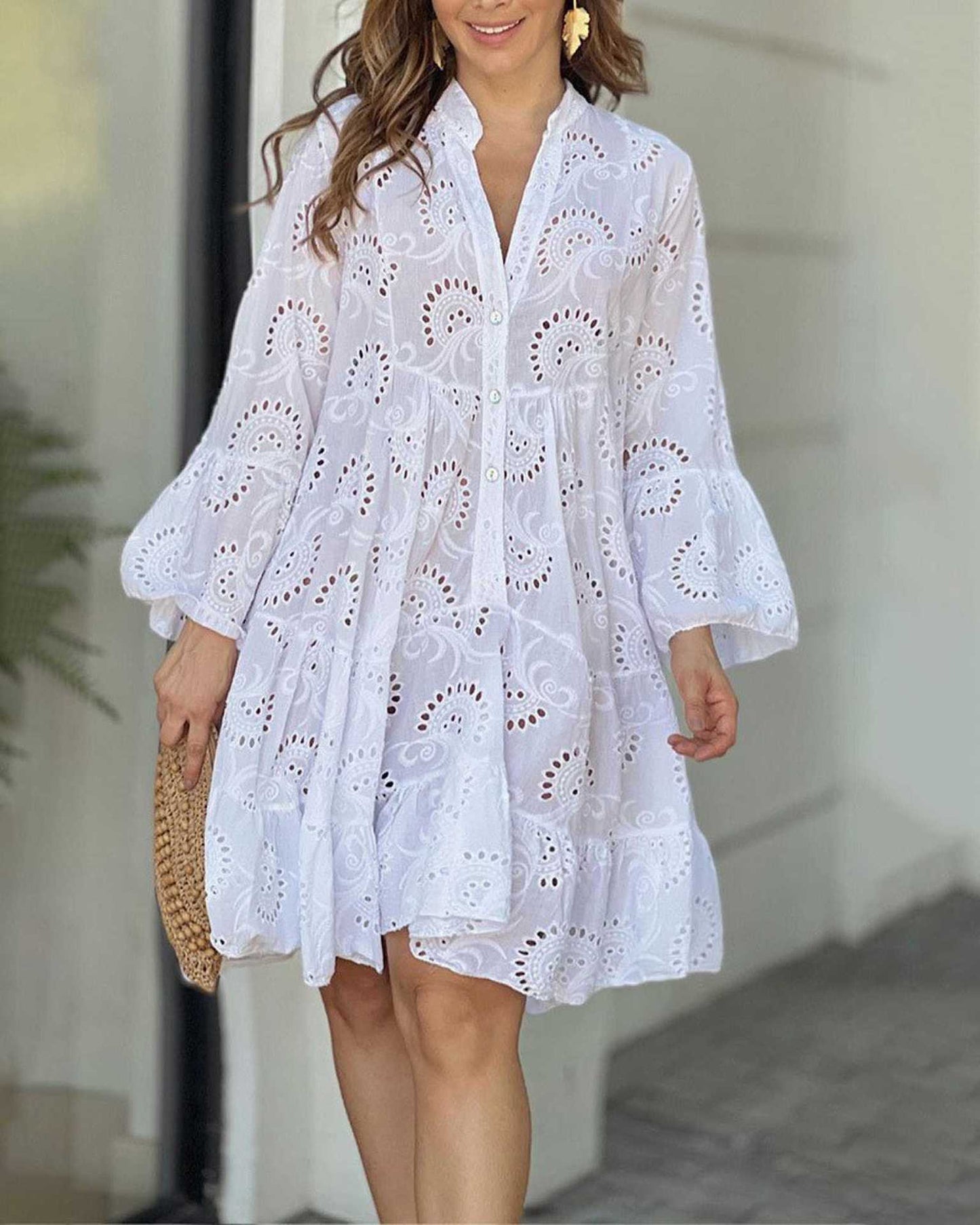 Solid Color Loose Embroidered Hollow Lace Dresses