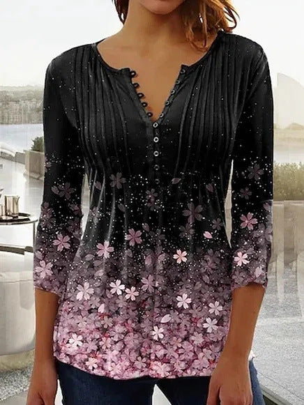 Women's Wear Floral Printed V-neck Sleeve Pleated Blouses