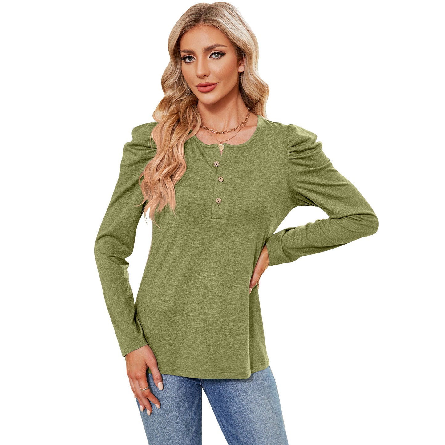 Women's Color Buttons Round Neck Puff Sleeve Tops