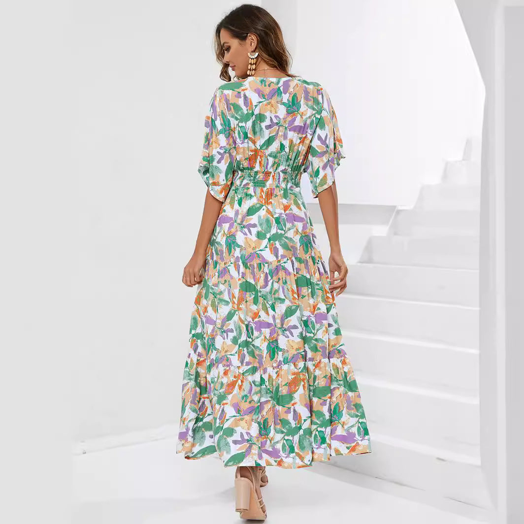 Women's Sleeve Deep V Waist Trimming Printing Dresses