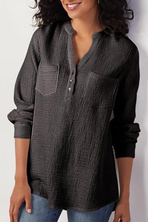 Women's Long Sleeve V-neck Pocket Cotton Linen Blouses