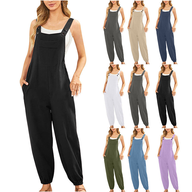 Women's Cotton Linen Pocket Suspender Casual Skinny Jumpsuits