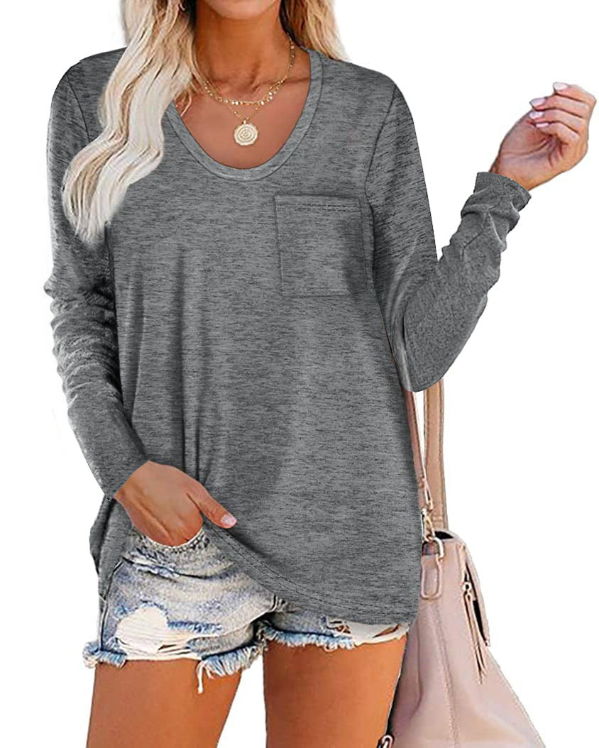 Women's T-shirt Round Neck Striped Pocket Long Sleeve Casual Tops