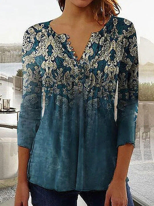 Women's Wear Floral Printed V-neck Sleeve Pleated Blouses