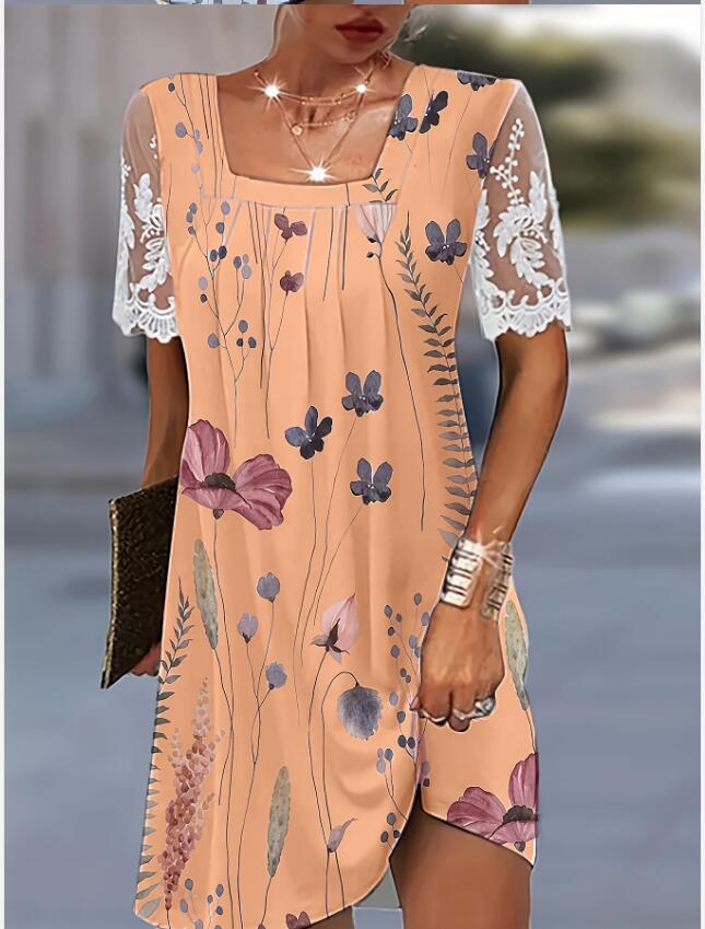 Women's Square Collar Lace Stitching Casual Floral Dresses