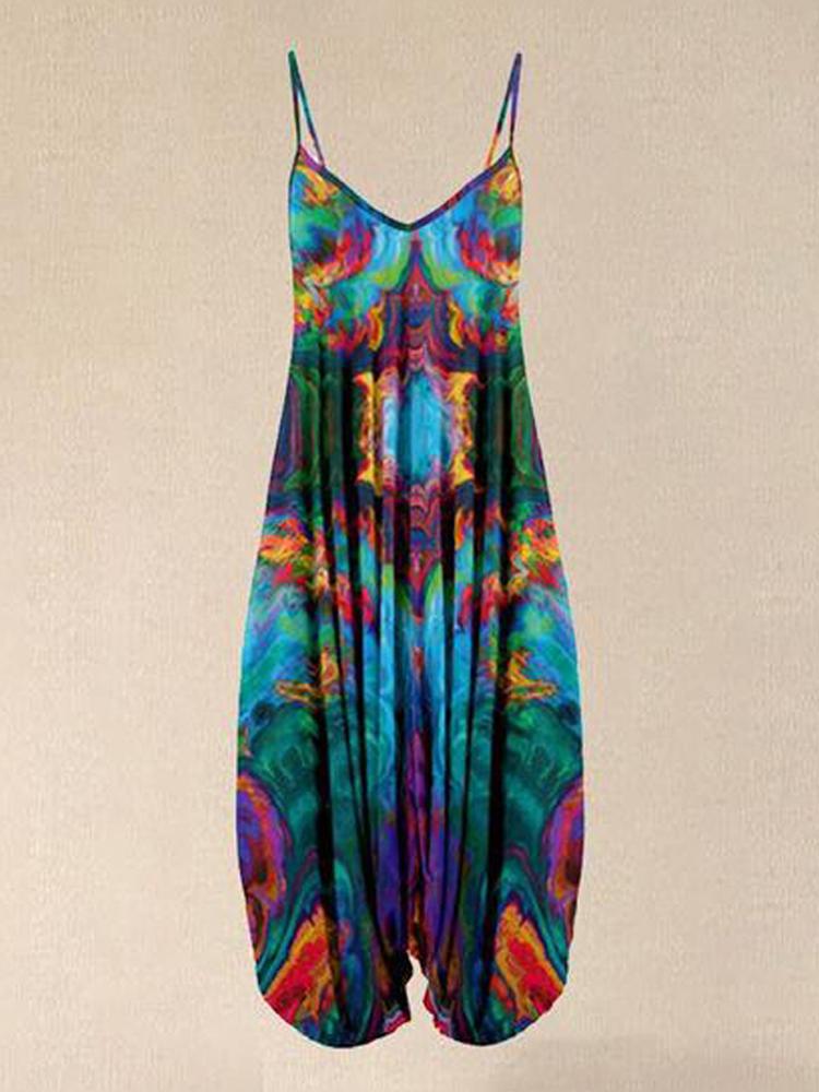 Beautiful Women's Print Suspenders Beach Loose Jumpsuits