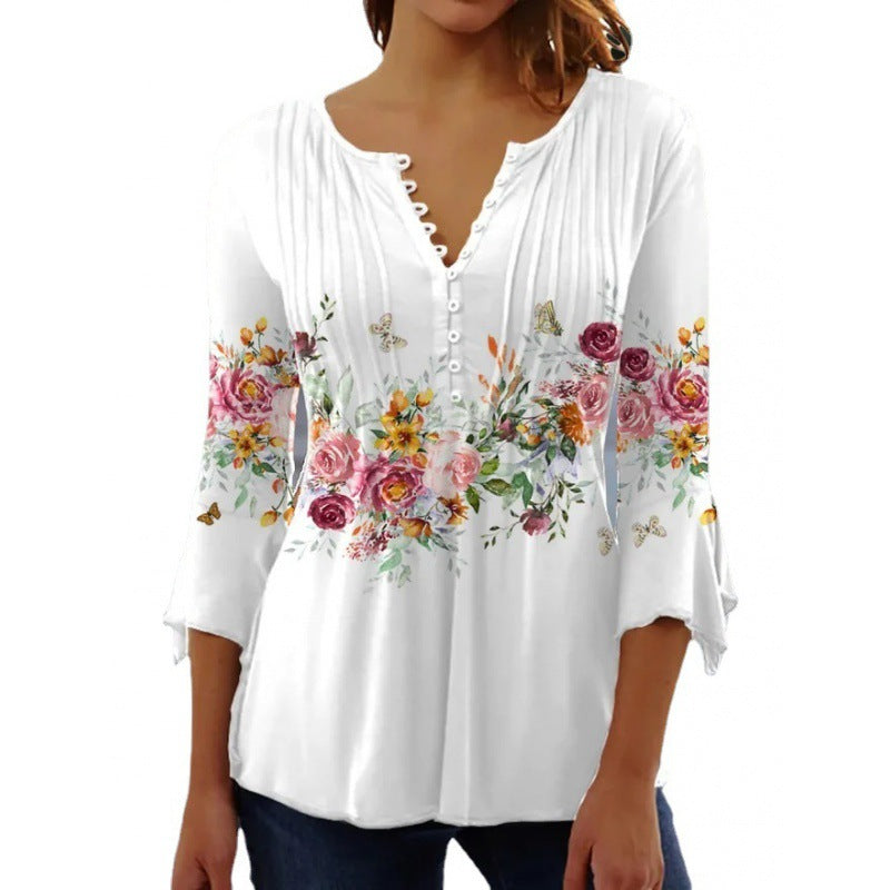 Women's Wear Floral Printed V-neck Sleeve Pleated Blouses