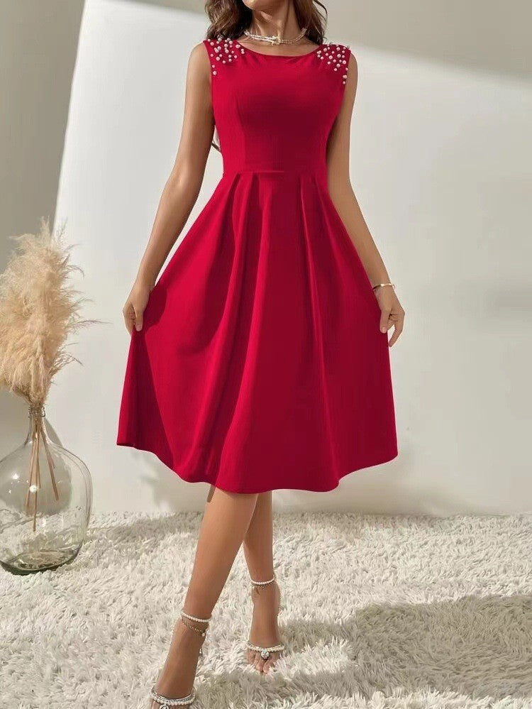 Women's Elegant Slim Fit Round Neck Bead Dresses