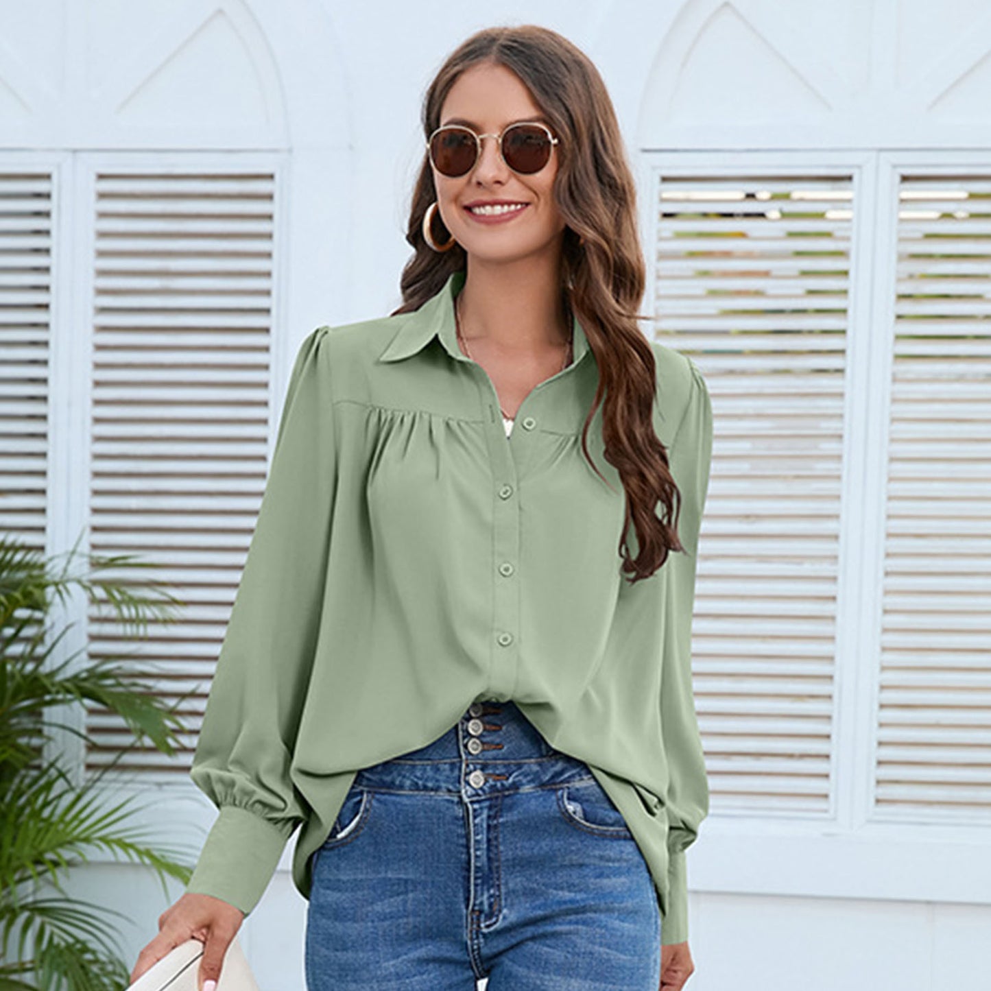 Women's Versatile Chiffon Shirt Pleated Long-sleeved Tops