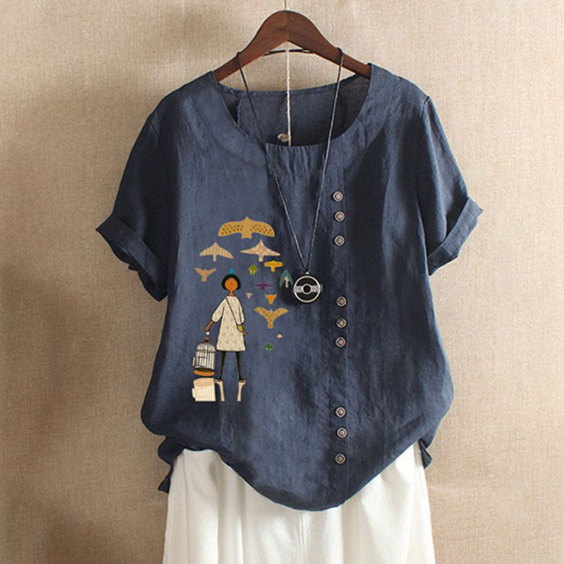 Women's Retro Cotton Linen Printed Casual Shirt Clothing