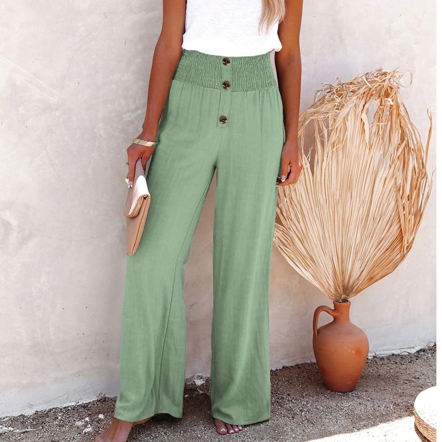 Women's Waist Loose Long Cotton Linen Wide Leg Pants