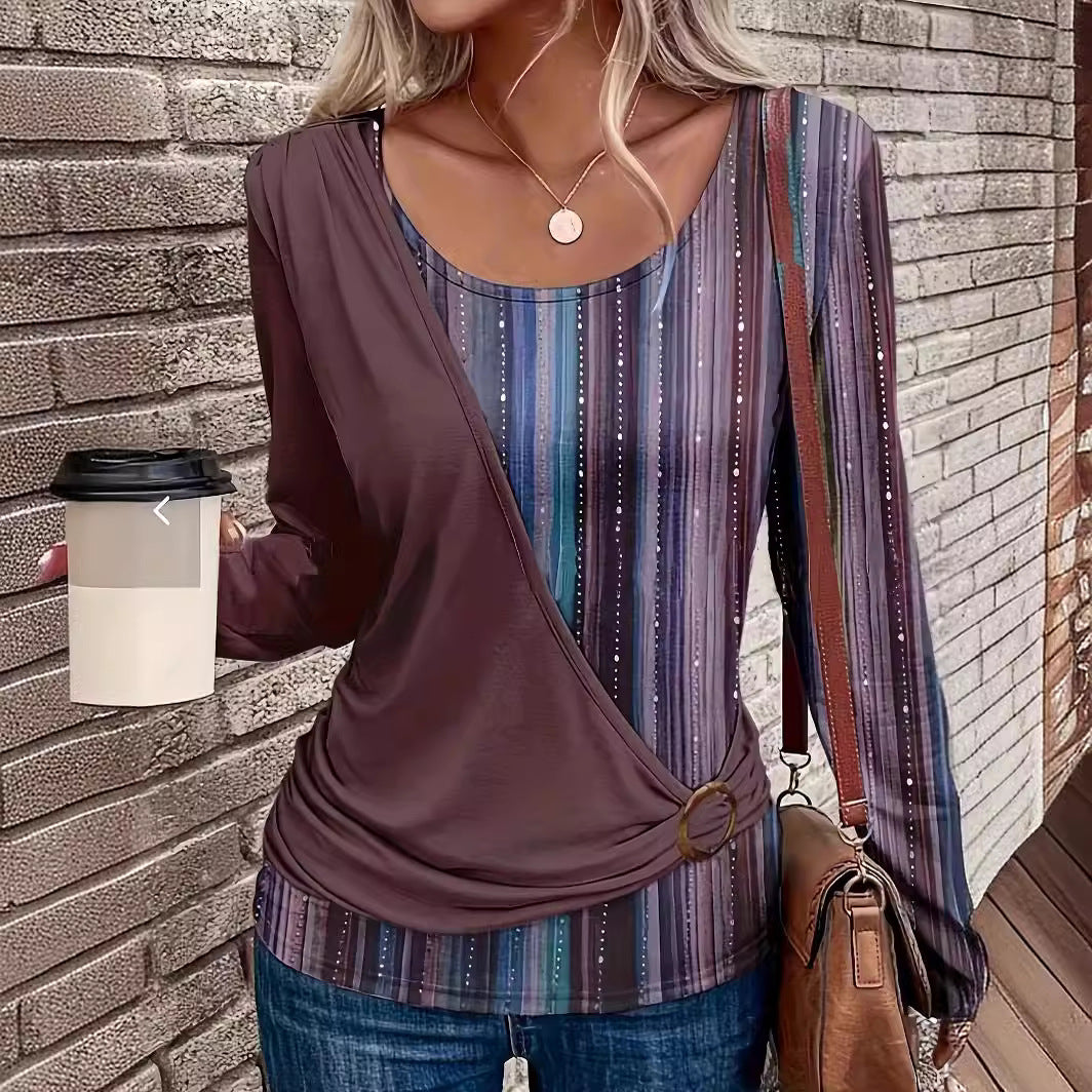 Women's Round Neck Solid Color Stitching Printing Casual Blouses